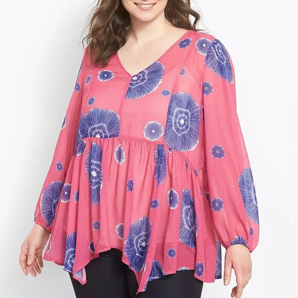 Lane Bryant Top Women's 30/32 Pink Relaxed V Neck Babydoll Blouse Sheer - Picture 9 of 9